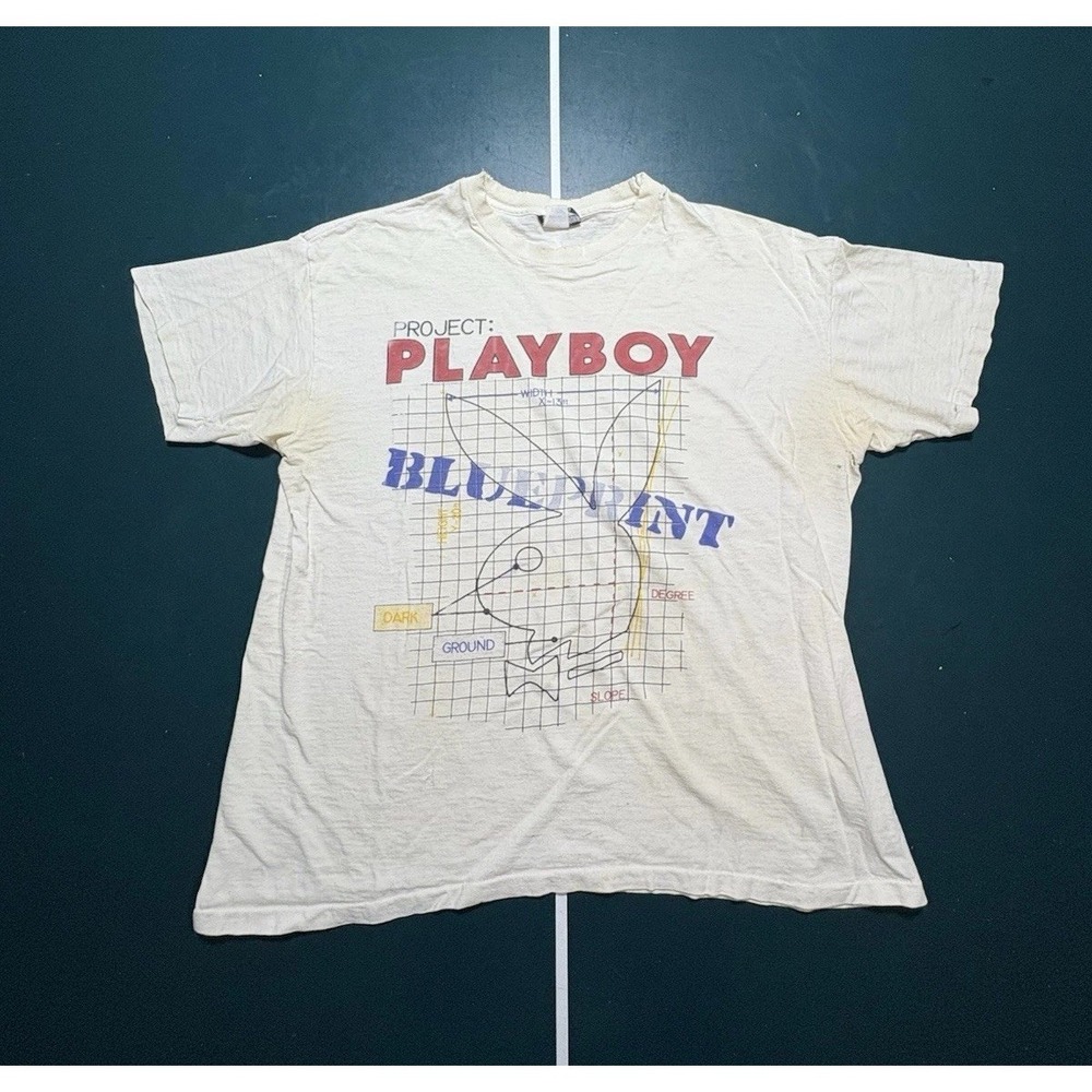 Vintage 80s Playboy Blueprint T-Shirt Single Stitch Men's Medium Distressed Rare